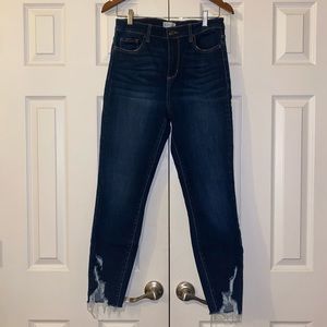 High Waisted Dark Wash Jeans + Distressed Hem